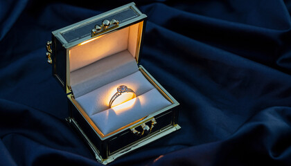 Radiant diamond ring in a velvet-lined box, softly illuminated for a magical, unforgettable proposal moment