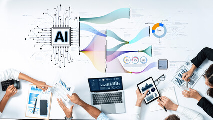 Dynamic workspace showcasing AI technology in data analysis with hands interacting with digital devices, illustrating teamwork and innovative solutions in business strategy. Trope