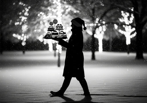 Festive silhouette of a person in a Santa hat carrying a tray of cupcakes.