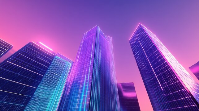 Futuristic skyscrapers against neon purple pink sky