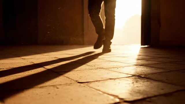 Lone man walking towards bright light from doorway, his silhouette and long shadow cast on dusty floor, concept of hope.