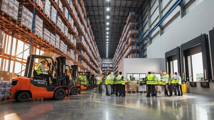 A dynamic timelapse visualization of a bustling warehouse in motion showcases workers in yellow vests and safety gear efficiently managing rows of pallets, highlighting the importance of.