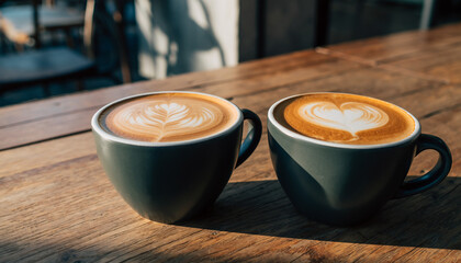 Warm morning sunlight illuminates two mugs of freshly brewed cappuccino with delicate foam art
