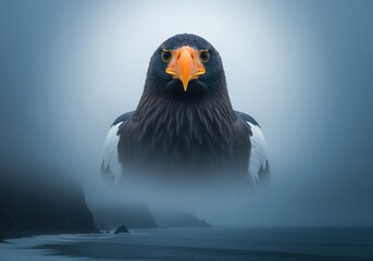 Majestic steller sea eagle portrait with sharp orange beak and intense gaze over misty ocean