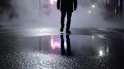 Man silhouette walking away on a wet street at night in thick fog with blurry neon light reflections - Powered by Adobe