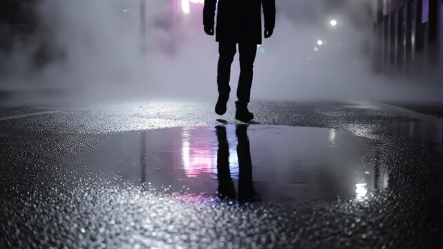 Man silhouette walking away on a wet street at night in thick fog with blurry neon light reflections