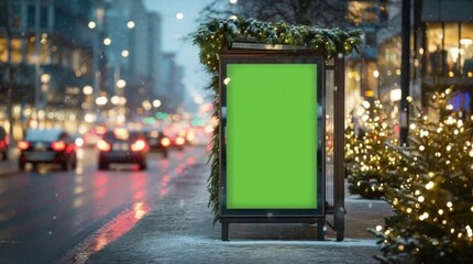 A festive winter city street scene at night with falling snow, featuring a greenscreen billboard at a bus stop decorated with Christmas lights, cars driving by, and blurred city lights in the backgrou - Powered by Adobe
