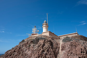The Cabo de Gata lighthouse, Almeria, Spain, stands on a rocky cliff under a clear blue sky. 