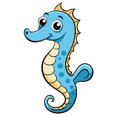 Cartoon Blue Seahorse with Golden Accents on a White Background Design