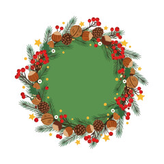 Festive vector wreath with pine branches, nuts, berries, and stars on white. Copy space.