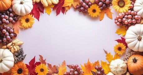 Autumn thanksgiving frame border with pumpkins, sunflowers, fall leaves, grapes, berries on white background with blank center for text or design