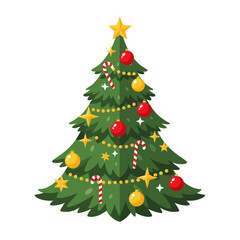 Obraz premium Decorated christmas tree with star, candy cane, balls and garland. Holiday season.