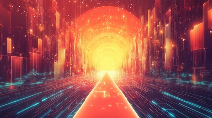 Digital cityscape with data flowing through a futuristic tunnel