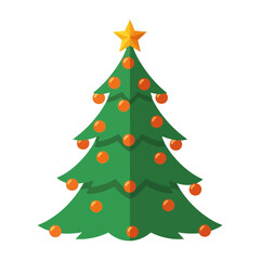 Festive christmas tree with orange ornaments and a golden star on a white background.
