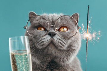 A dapper grey cat wearing round glasses and holding a sparkling celebration light with a glass of champagne