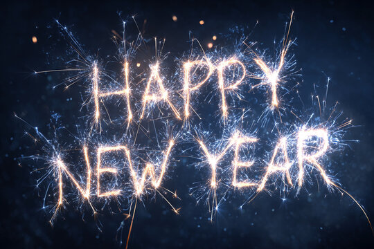 Happy New Year written in bright sparkling fireworks against a dark background,