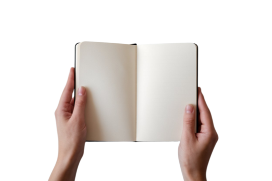 Blank pages open in hands ready for your inspiration, story, or business plan to begin filling it up