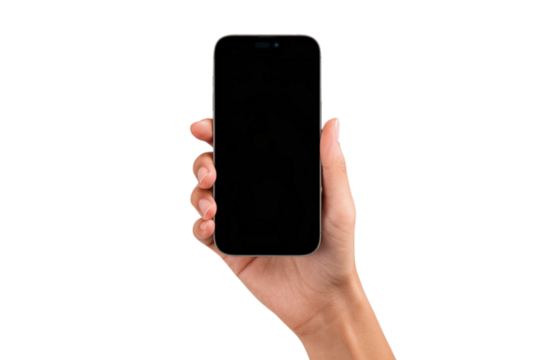 Hand holding phone with blank screen for app demo or responsive design mockup, perfect mobile ads
