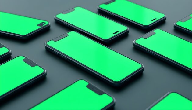Multiple smartphones with green screens arranged on a dark, reflective surface, displaying technology.