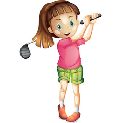 Young Girl In A Pink Shirt And Green Shorts Swinging A Golf Club On A White Background