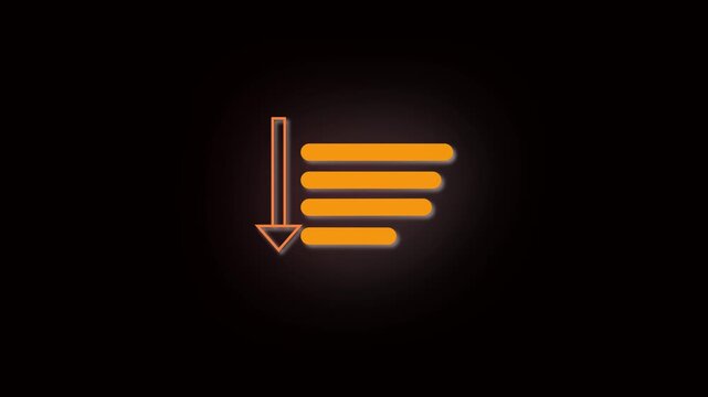 Animated orange neon list icon featuring down arrow for digital menu and interface navigation. Orange Neon List Icon with Down Arrow on animated Black Background symbol menu.