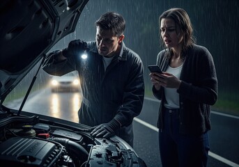 Man inspects broken car engine with flashlight while woman calls for help on rainy night