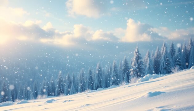 Snow falls on a winter landscape with snow-covered trees on a hillside under a bright, partly cloudy sky. - Powered by Adobe