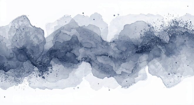 Watercolor indigo blue abstract blot on, flowing and spreading paint, artistic design element, decorative backdrop, isolated on