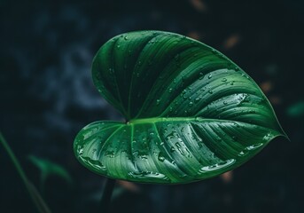 Atmospheric close up of a heart shaped deep green tropical leaf with water drops