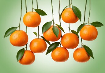 Fresh ripe oranges hanging from stems with green leaves against a vibrant background.