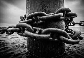 Heavy industrial anchor chain wrapped around a thick mooring bollard in black and white