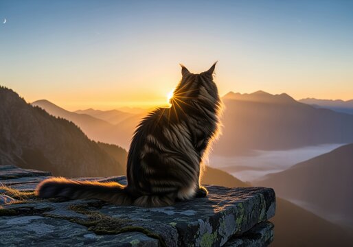 Majestic cat sitting on a mountain cliff watching the dramatic sunrise and valley fog