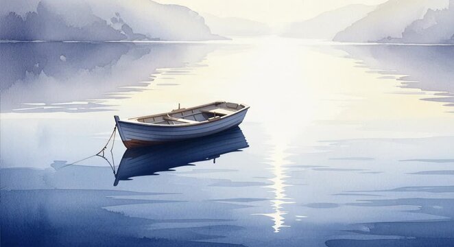 Serene watercolor-style landscape of a small wooden rowboat gently floating on calm reflective water during sunrise or sunset, surrounded by distant