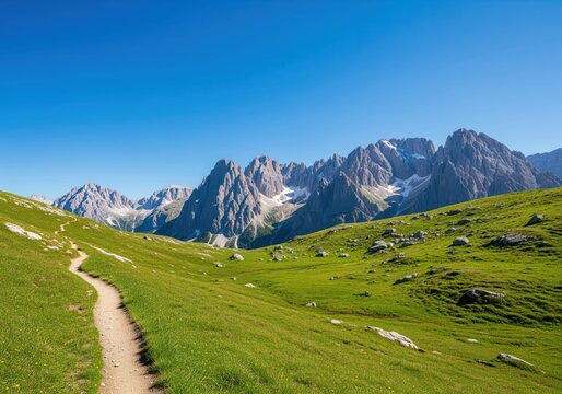 Winding hiking trail leading across a vibrant green mountain pasture toward sharp rocky peaks - Powered by Adobe