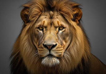 Fototapeta premium Majestic male lion portrait with intense gaze and impressive mane against gray background