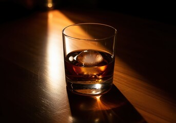 Glass of dark aged whisky with spherical ice on a wooden bar counter in dramatic light.