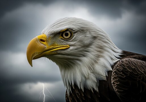 Fierce bald eagle profile with intense eyes against a dramatic thunderstorm. - Powered by Adobe