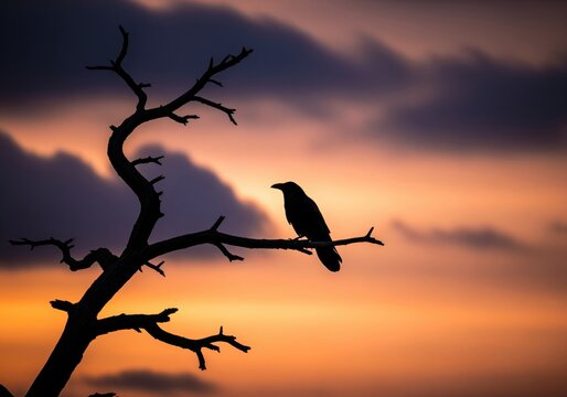 Stark silhouette of a black crow on a gnarled branch at dramatic sunset twilight - Powered by Adobe