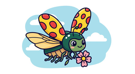 Cartoon illustration of a cute bug carrying a flower in the sky.