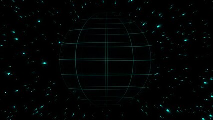 Futuristic glowing blue grid sphere in a dark void with streaks of light globe wireframe animated. Glowing blue grid globe spinning in a dark void with animated streaks of light in futuristic style. - Powered by Adobe