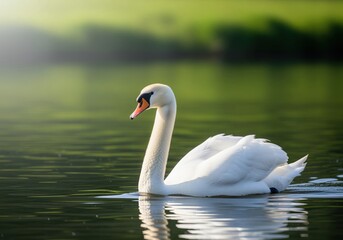 Fototapeta premium Majestic white swan swimming peacefully on calm water reflecting green nature at sunrise.