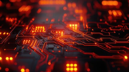Circuit board transmitting digital data and glowing orange signals