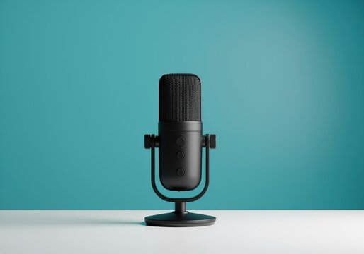 Professional black studio microphone for podcasting and broadcasting on a clean white surface.