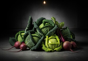 Pile of fresh green savoy cabbage and red beetroots on a dark rustic surface.