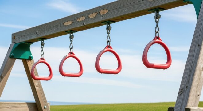 Red playground rings hanging on wooden structure against a blue sky backdrop perfect for outdoor - Powered by Adobe