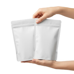 two matte stand-up pouches held in hands isolated on transparent background, clean packaging mockup, modern product design