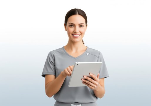 Smiling woman in scrubs holding and operating a modern digital tablet device