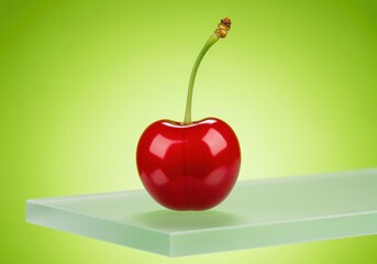 High resolution studio shot of a single glossy red cherry on a glass shelf with a vibrant green background