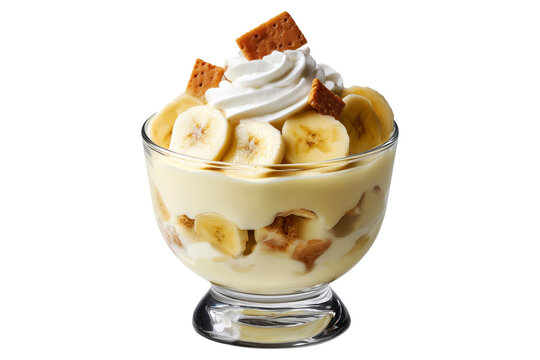 Banana pudding dessert with whipped cream and mint leaves in glass cup, isolated on white transparent background, concept of Papua New Guinea sweet treat