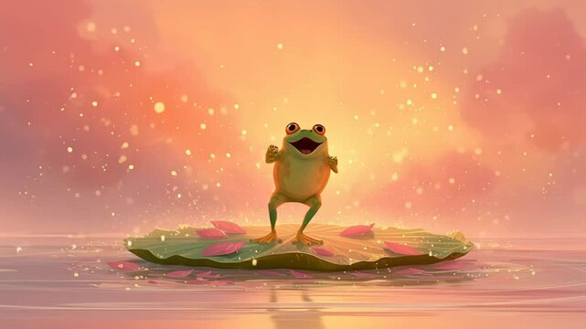 Whimsical frog dancing on lily pad at sunset